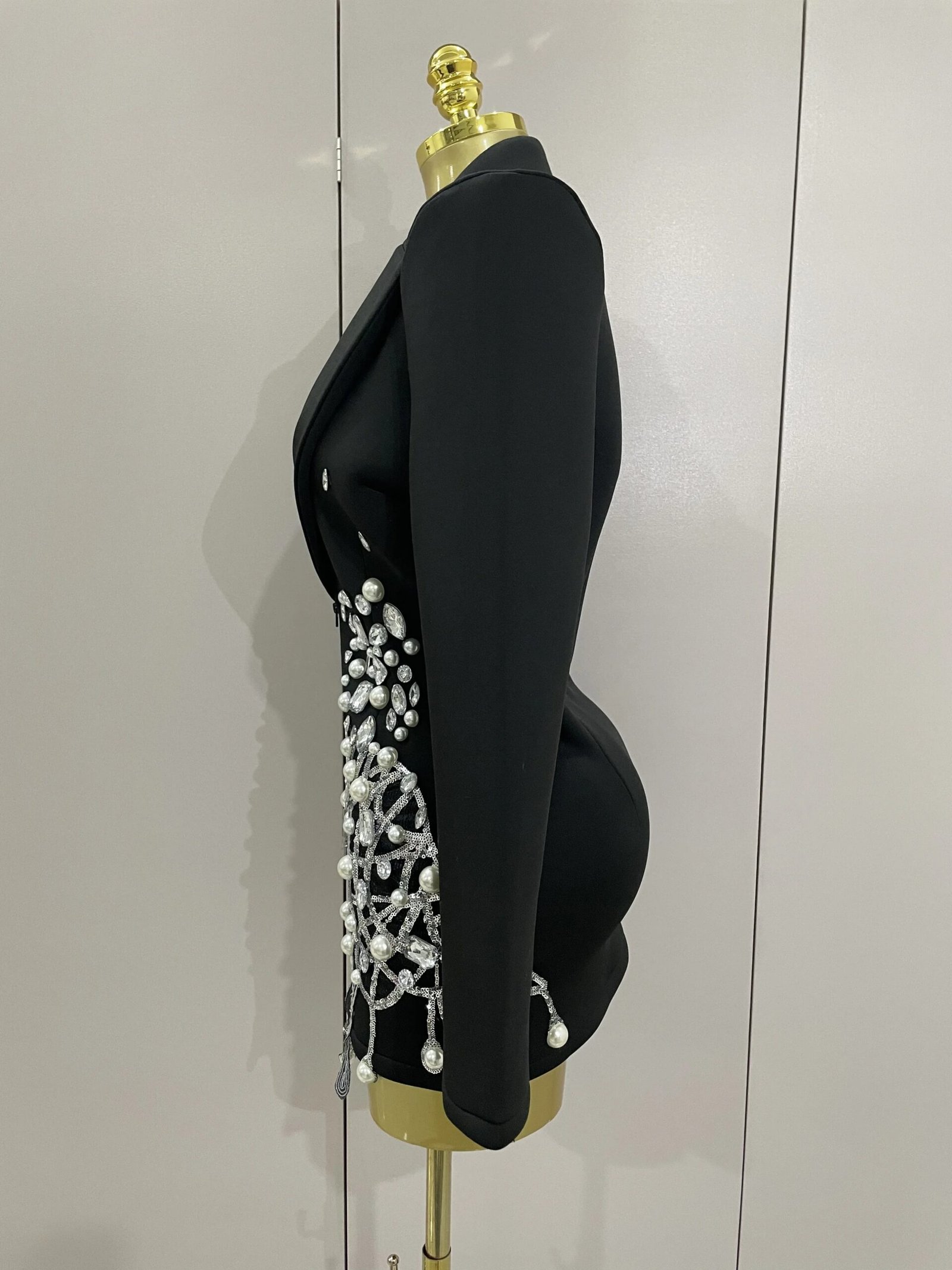 Sparkly Crystal Chains Pearls Long Sleeve Mini Dress