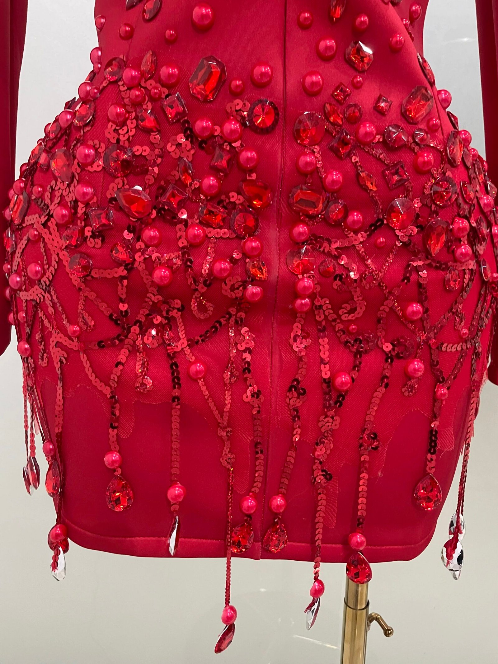 Sparkly Crystal Chains Pearls Long Sleeve Mini Dress