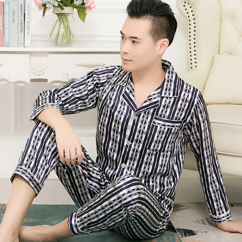 High Quality Pajamas Set Men Spring Autumn Thin Polyester Ice Silk Long-sleeved Sleepwear Plus Size Summer Home Clothes Male High Quality Pajamas Set Men Spring Autumn Thin Polyester Ice Silk Long-sleeved Sleepwear Plus Size Summer Home Clothes Male
