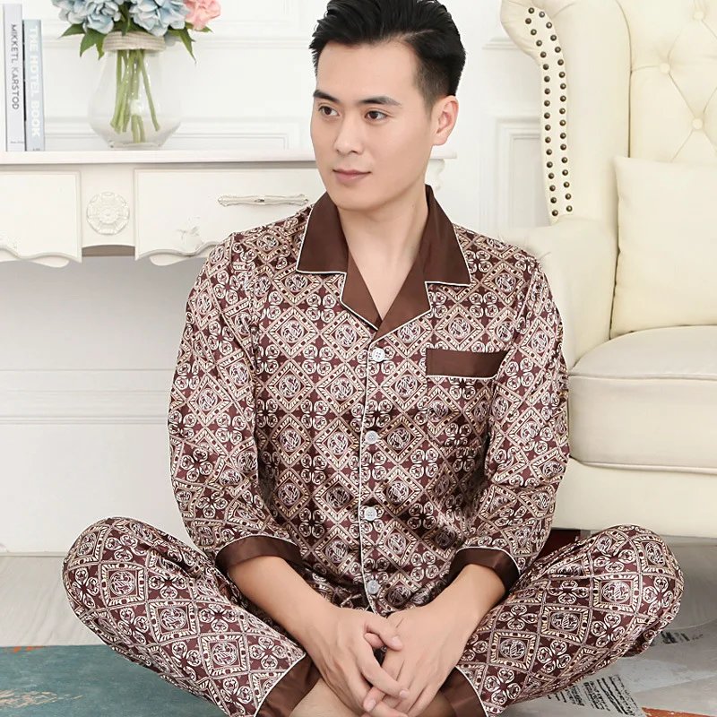 High Quality Pajamas Set Men Spring Autumn Thin Polyester Ice Silk Long-sleeved Sleepwear Plus Size Summer Home Clothes Male High Quality Pajamas Set Men Spring Autumn Thin Polyester Ice Silk Long-sleeved Sleepwear Plus Size Summer Home Clothes Male
