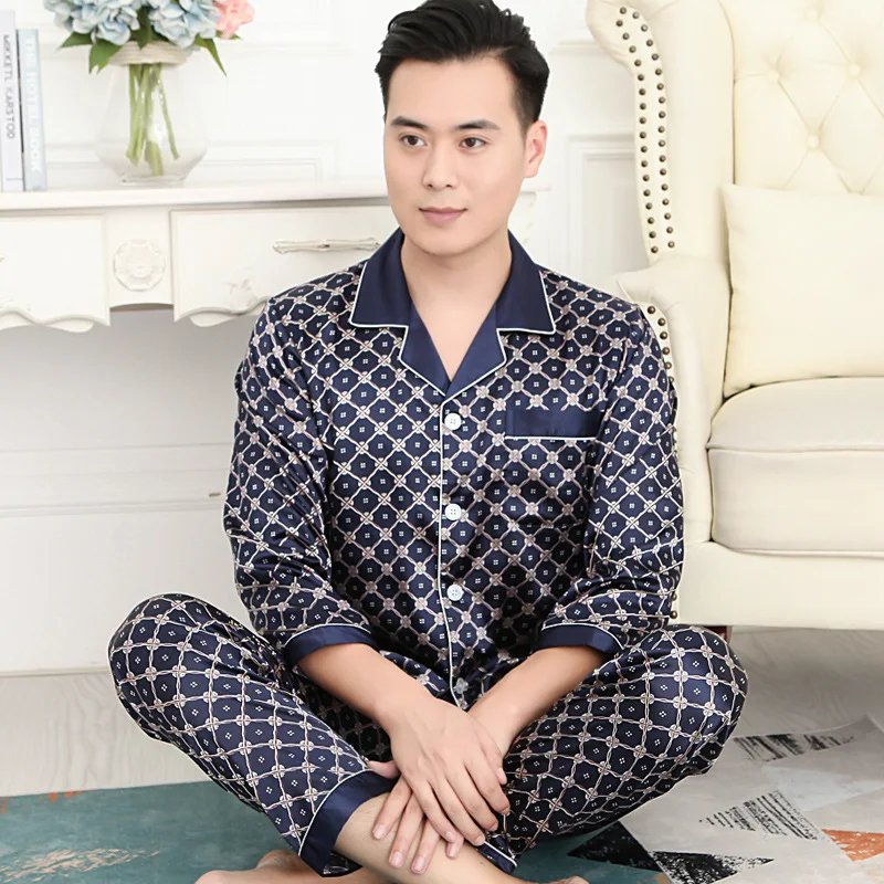High Quality Pajamas Set Men Spring Autumn Thin Polyester Ice Silk Long-sleeved Sleepwear Plus Size Summer Home Clothes Male High Quality Pajamas Set Men Spring Autumn Thin Polyester Ice Silk Long-sleeved Sleepwear Plus Size Summer Home Clothes Male