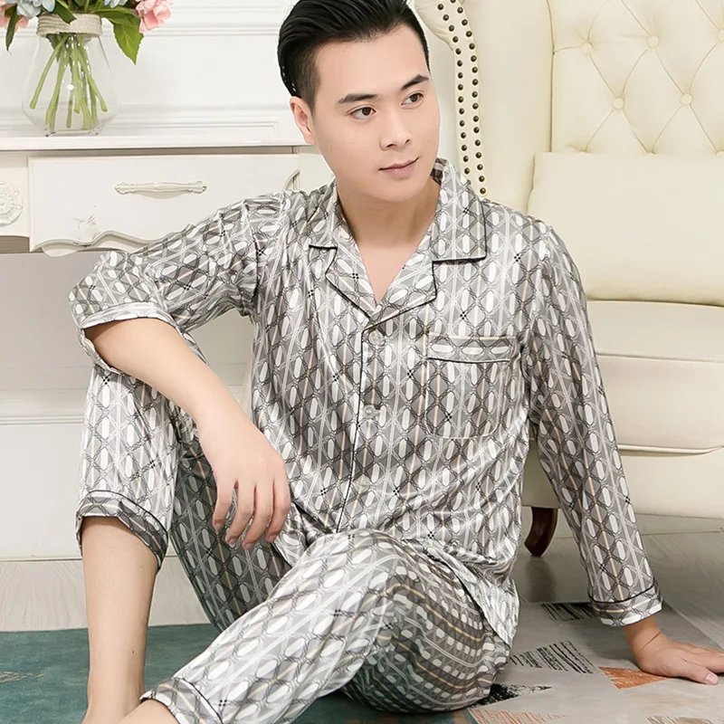 High Quality Pajamas Set Men Spring Autumn Thin Polyester Ice Silk Long-sleeved Sleepwear Plus Size Summer Home Clothes Male High Quality Pajamas Set Men Spring Autumn Thin Polyester Ice Silk Long-sleeved Sleepwear Plus Size Summer Home Clothes Male