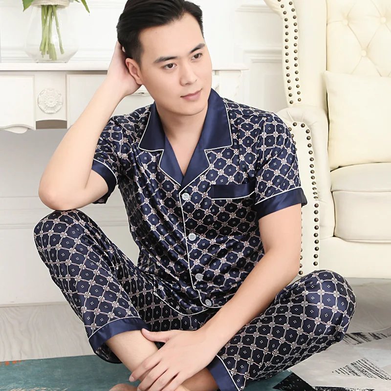 High Quality Pajamas Set Men Spring Autumn Thin Polyester Ice Silk Long-sleeved Sleepwear Plus Size Summer Home Clothes Male High Quality Pajamas Set Men Spring Autumn Thin Polyester Ice Silk Long-sleeved Sleepwear Plus Size Summer Home Clothes Male