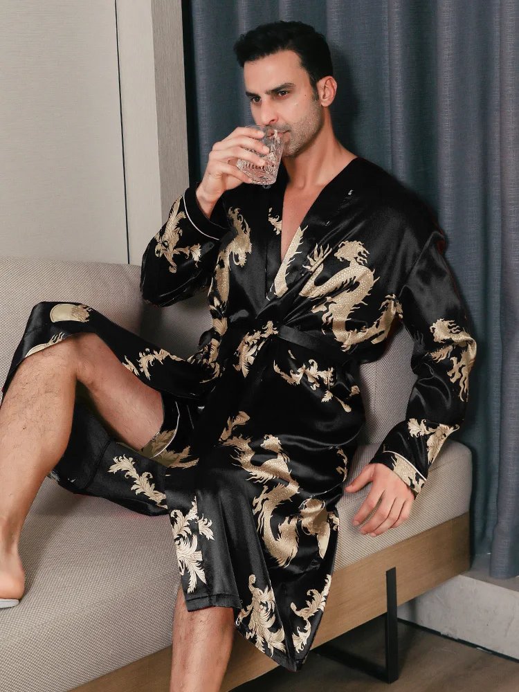 Pajama men's spring and autumn silk thin style oversized pajamas long sleeved bathrobes ice silk bathrobes home clothing summer