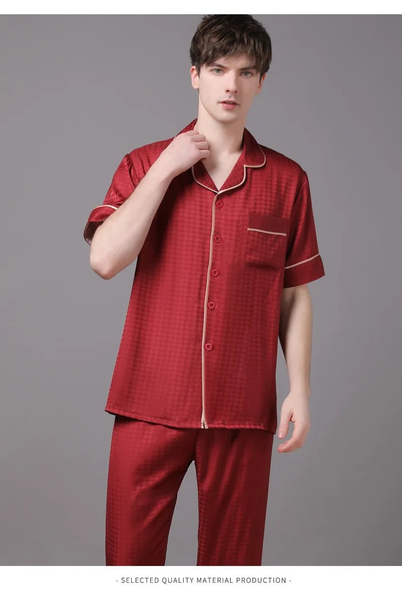 High Quality Couple Pajamas Suit Summer Short Sleeve Long Pant Home Cloth Men Ice Silk Thin Satin Large Size Sleepwear Set Women