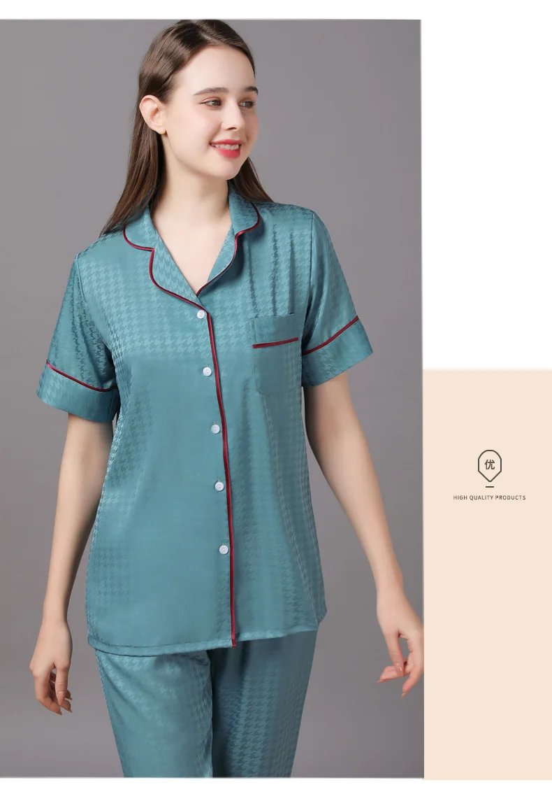 High Quality Couple Pajamas Suit Summer Short Sleeve Long Pant Home Cloth Men Ice Silk Thin Satin Large Size Sleepwear Set Women