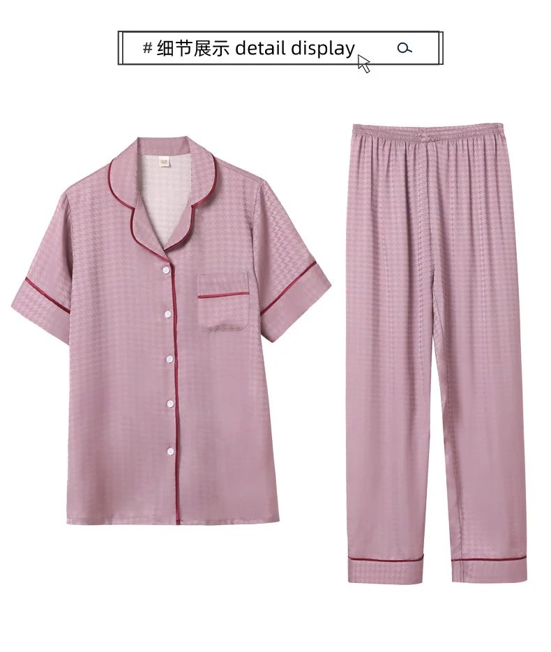 High Quality Couple Pajamas Suit Summer Short Sleeve Long Pant Home Cloth Men Ice Silk Thin Satin Large Size Sleepwear Set Women