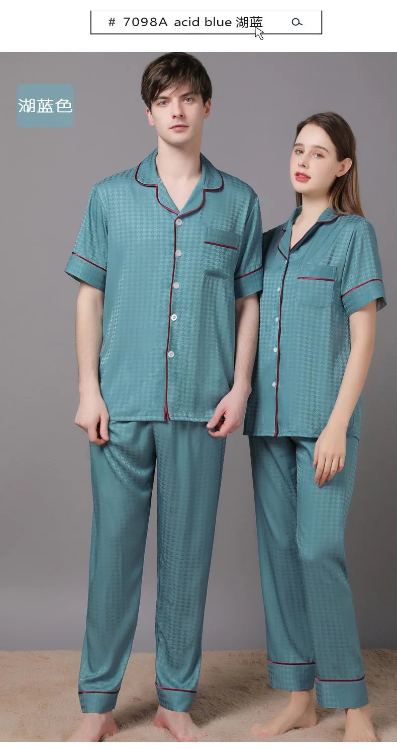 High Quality Couple Pajamas Suit Summer Short Sleeve Long Pant Home Cloth Men Ice Silk Thin Satin Large Size Sleepwear Set Women