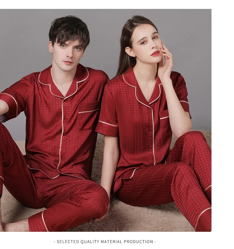 High Quality Couple Pajamas Suit Summer Short Sleeve Long Pant Home Cloth Men Ice Silk Thin Satin Large Size Sleepwear Set Women
