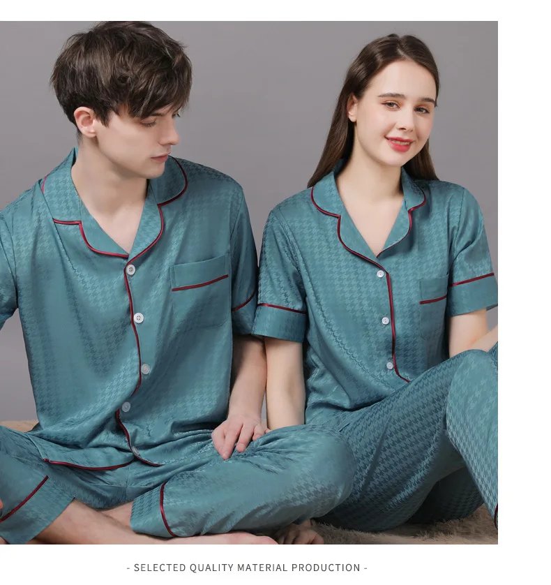 High Quality Couple Pajamas Suit Summer Short Sleeve Long Pant Home Cloth Men Ice Silk Thin Satin Large Size Sleepwear Set Women