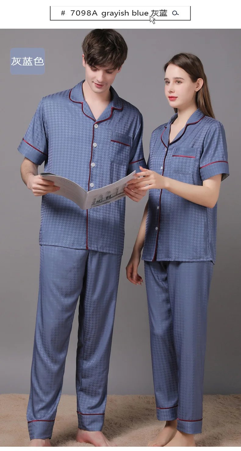 High Quality Couple Pajamas Suit Summer Short Sleeve Long Pant Home Cloth Men Ice Silk Thin Satin Large Size Sleepwear Set Women