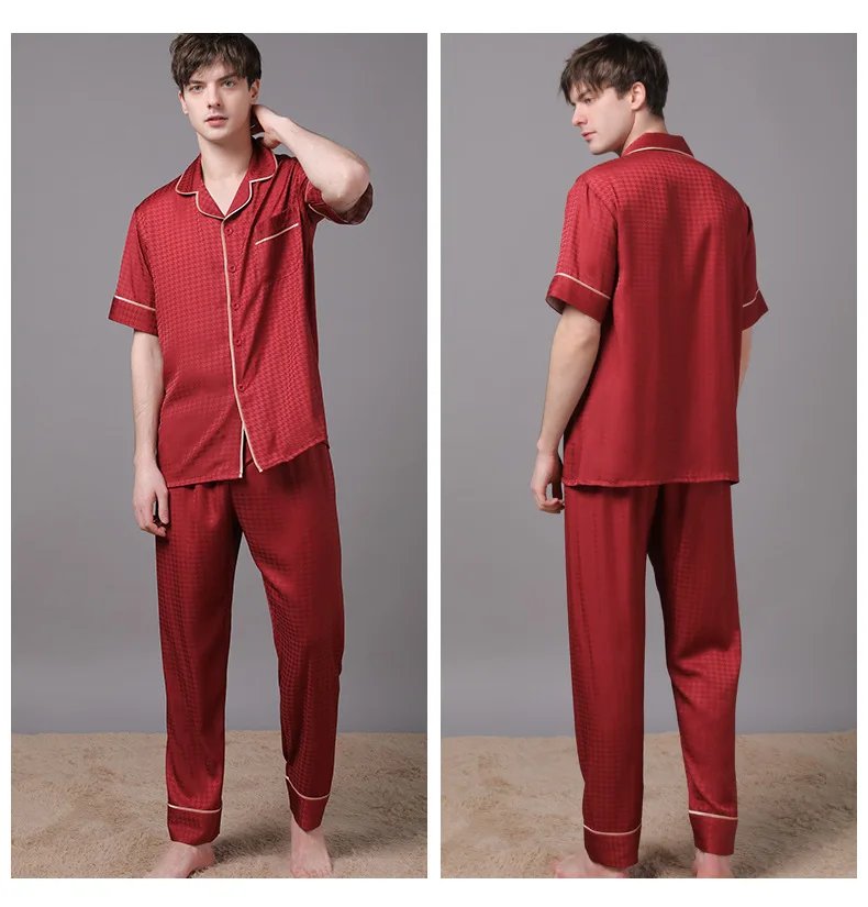 High Quality Couple Pajamas Suit Summer Short Sleeve Long Pant Home Cloth Men Ice Silk Thin Satin Large Size Sleepwear Set Women