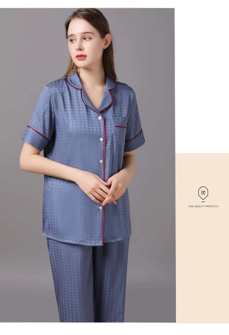 High Quality Couple Pajamas Suit Summer Short Sleeve Long Pant Home Cloth Men Ice Silk Thin Satin Large Size Sleepwear Set Women