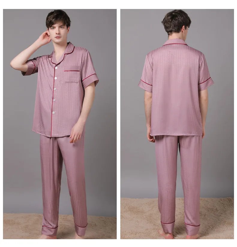 High Quality Couple Pajamas Suit Summer Short Sleeve Long Pant Home Cloth Men Ice Silk Thin Satin Large Size Sleepwear Set Women