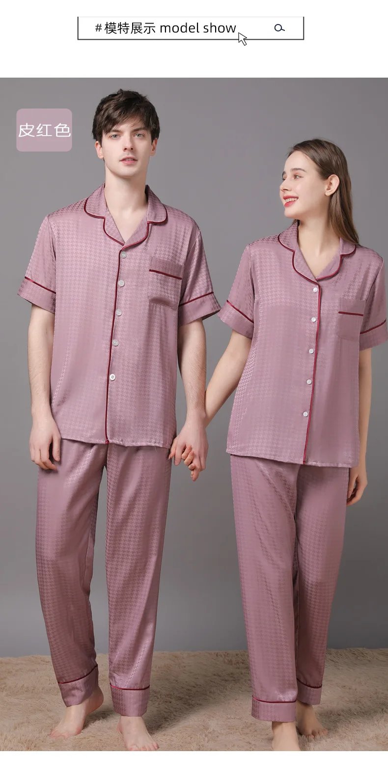 High Quality Couple Pajamas Suit Summer Short Sleeve Long Pant Home Cloth Men Ice Silk Thin Satin Large Size Sleepwear Set Women
