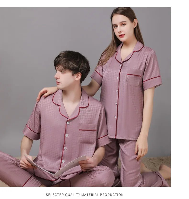 High Quality Couple Pajamas Suit Summer Short Sleeve Long Pant Home Cloth Men Ice Silk Thin Satin Large Size Sleepwear Set Women