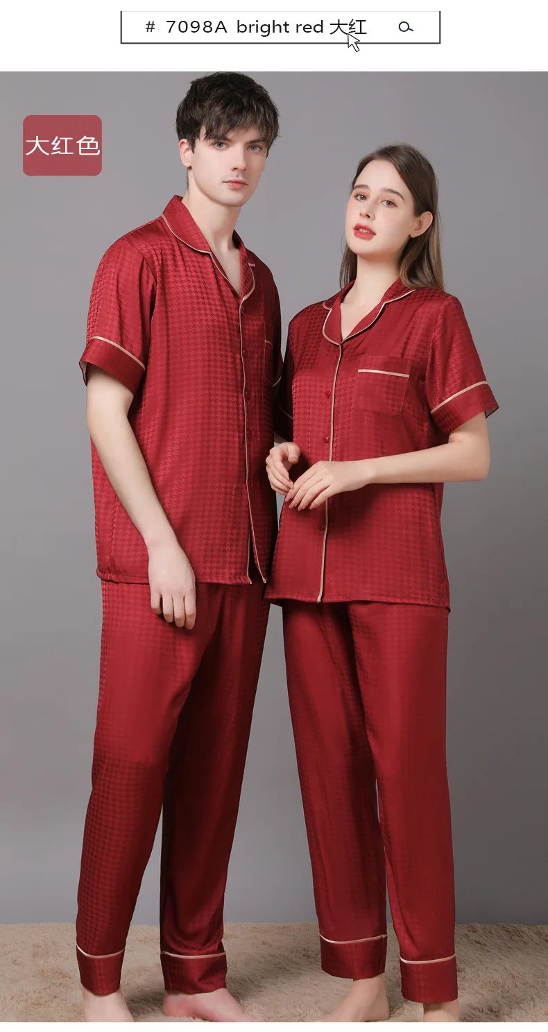 High Quality Couple Pajamas Suit Summer Short Sleeve Long Pant Home Cloth Men Ice Silk Thin Satin Large Size Sleepwear Set Women
