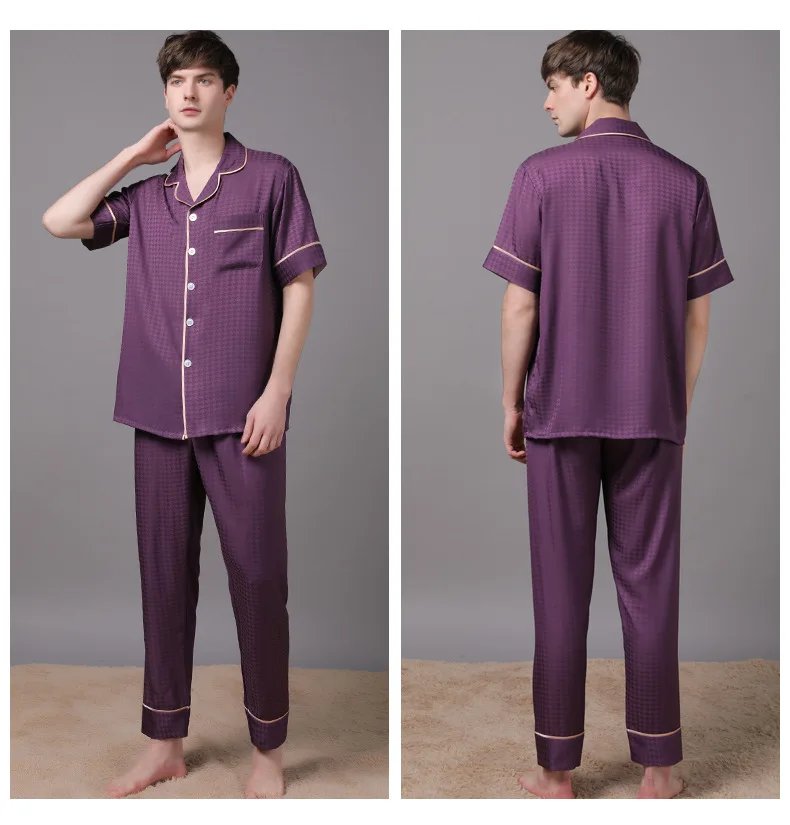 High Quality Couple Pajamas Suit Summer Short Sleeve Long Pant Home Cloth Men Ice Silk Thin Satin Large Size Sleepwear Set Women
