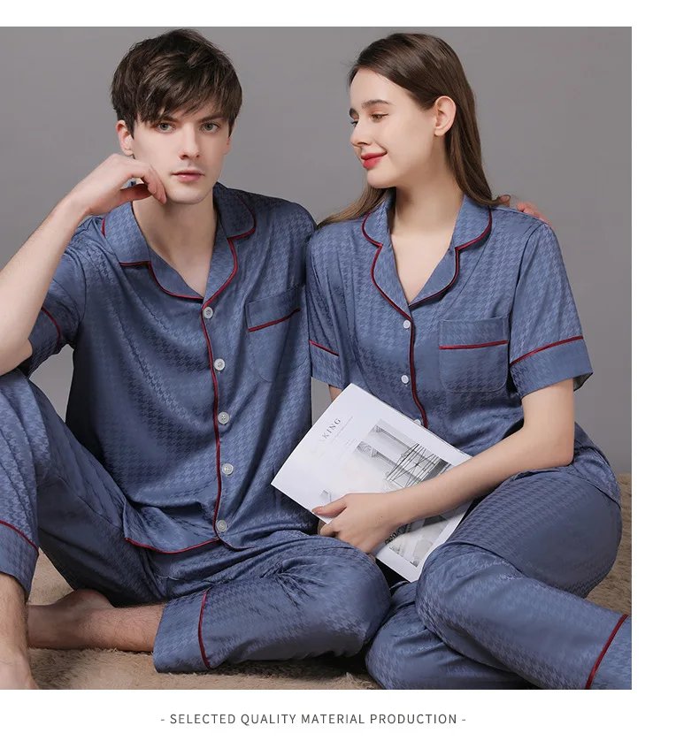High Quality Couple Pajamas Suit Summer Short Sleeve Long Pant Home Cloth Men Ice Silk Thin Satin Large Size Sleepwear Set Women