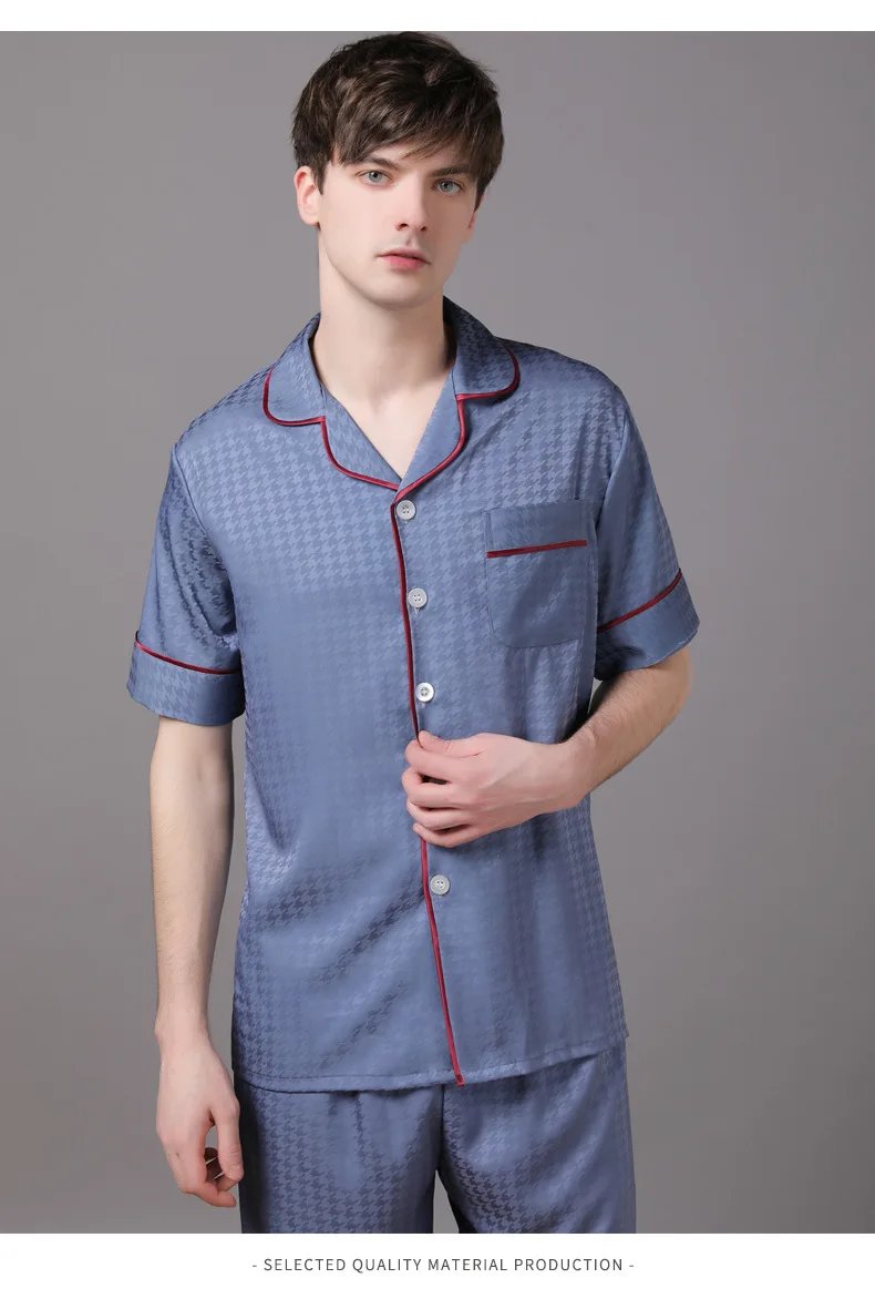 High Quality Couple Pajamas Suit Summer Short Sleeve Long Pant Home Cloth Men Ice Silk Thin Satin Large Size Sleepwear Set Women