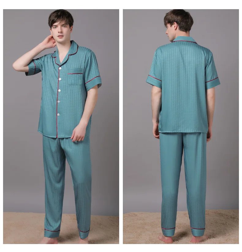 High Quality Couple Pajamas Suit Summer Short Sleeve Long Pant Home Cloth Men Ice Silk Thin Satin Large Size Sleepwear Set Women