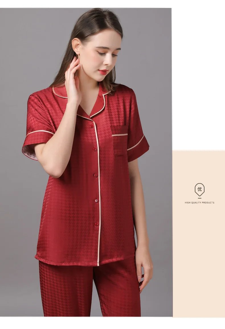 High Quality Couple Pajamas Suit Summer Short Sleeve Long Pant Home Cloth Men Ice Silk Thin Satin Large Size Sleepwear Set Women