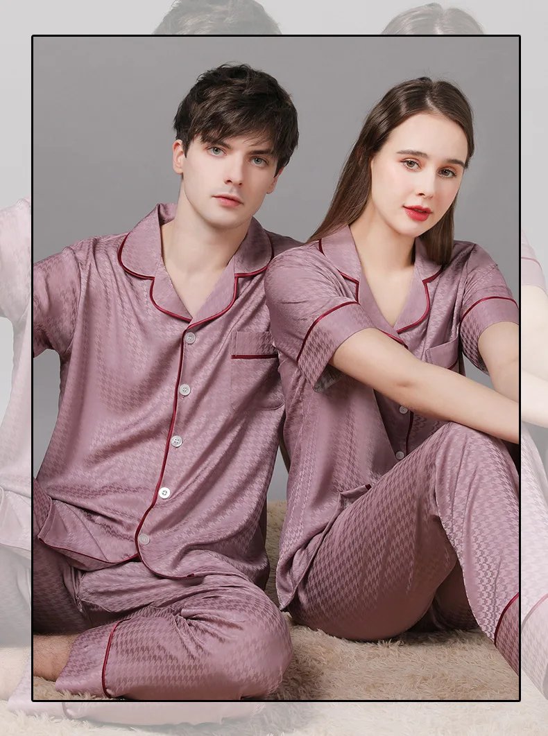 High Quality Couple Pajamas Suit Summer Short Sleeve Long Pant Home Cloth Men Ice Silk Thin Satin Large Size Sleepwear Set Women