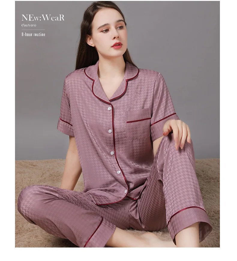 High Quality Couple Pajamas Suit Summer Short Sleeve Long Pant Home Cloth Men Ice Silk Thin Satin Large Size Sleepwear Set Women