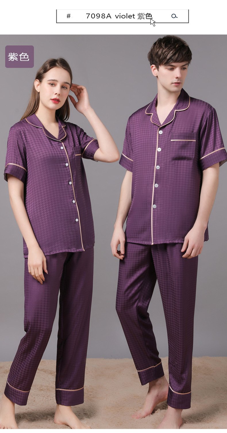 High Quality Couple Pajamas Suit Summer Short Sleeve Long Pant Home Cloth Men Ice Silk Thin Satin Large Size Sleepwear Set Women
