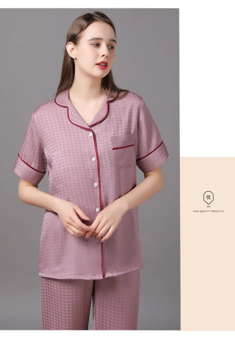 High Quality Couple Pajamas Suit Summer Short Sleeve Long Pant Home Cloth Men Ice Silk Thin Satin Large Size Sleepwear Set Women