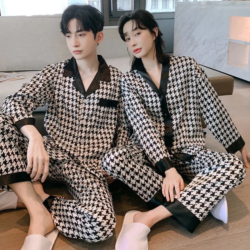 High Quality Couple Pajamas Suit Summer Short Sleeve Long Pant Home Cloth Men Ice Silk Thin Satin Large Size Sleepwear Set Women
