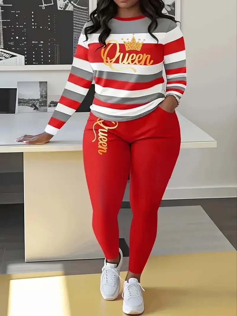 Plus Size Women's Fashion Striped Print Two-Piece Set