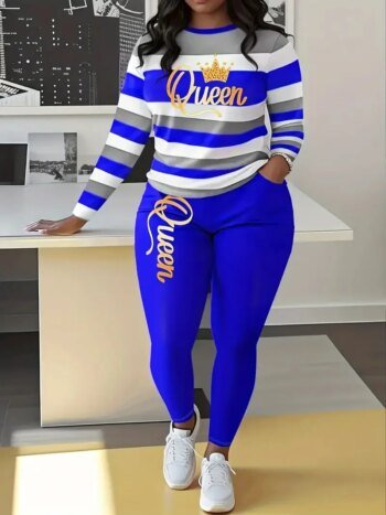 Plus Size Women's Fashion Striped Print Two-Piece Set