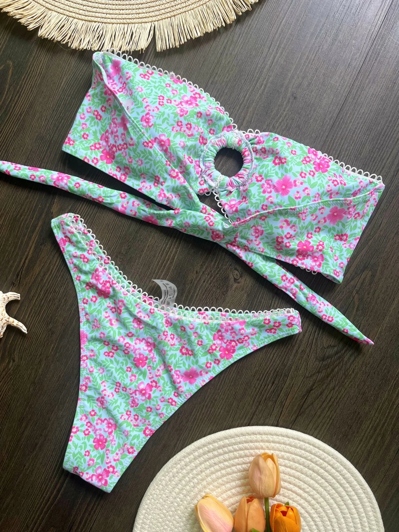 Floral Flowers Bandeau High Leg Cut Bikini