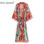Boho Queens Women Peacock Print Bat Sleeve Beach Bohemian Kimono Robe Ladies V Neck Tassel Summer Happie Bikini Cover-ups