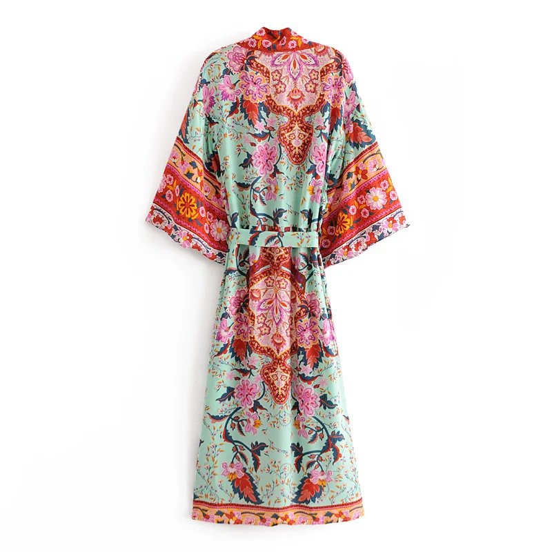 Boho Queens Women Peacock Print Bat Sleeve Beach Bohemian Kimono Robe Ladies V Neck Tassel Summer Happie Bikini Cover-ups