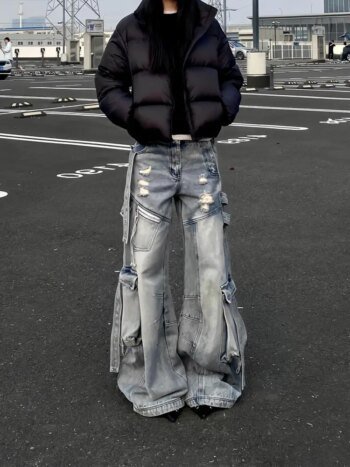 Hip hop Streamer Multiple Pockets Hole Women's Cargo Jeans