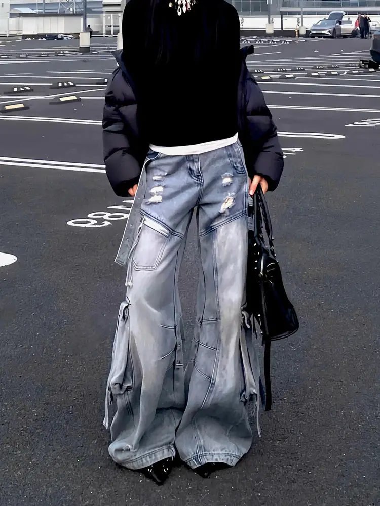 Hip hop Streamer Multiple Pockets Hole Women's Cargo Jeans Hip hop Streamer Multiple Pockets Hole Women's Cargo Jeans