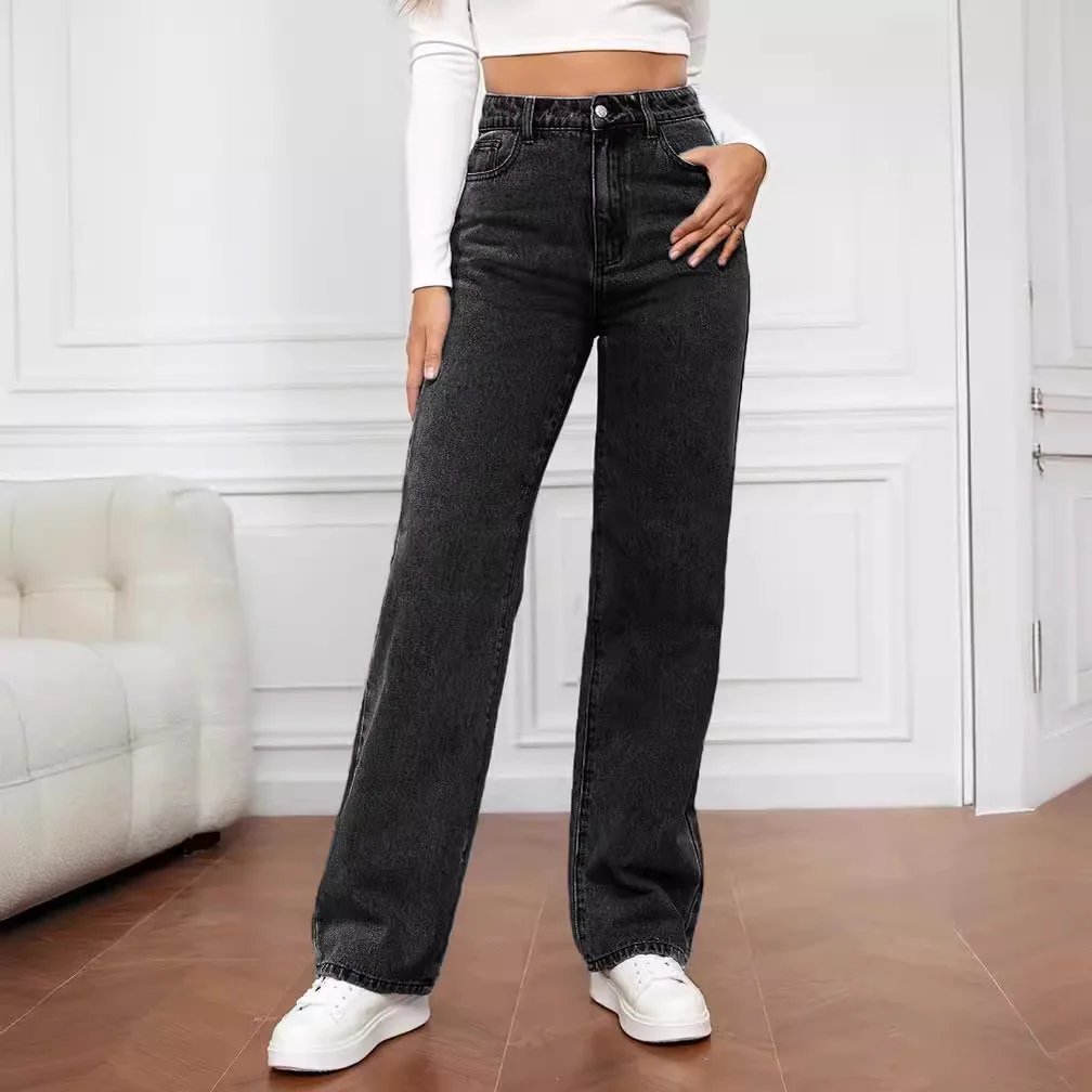 retro baggy straight pants High waisted all-in-one slim pants