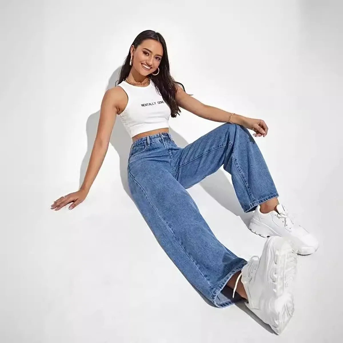 retro baggy straight pants High waisted all-in-one slim pants