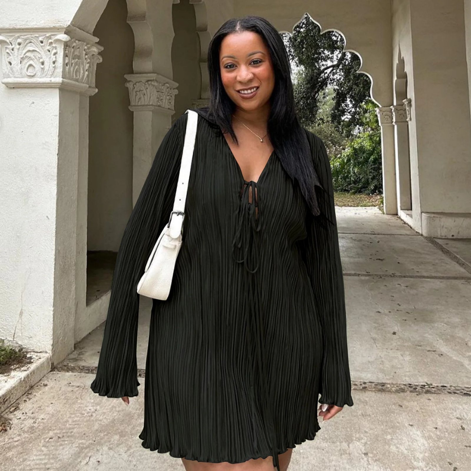 Long Sleeve Women V-neck Pleated Dress Long Sleeve Women V-neck Pleated Dress