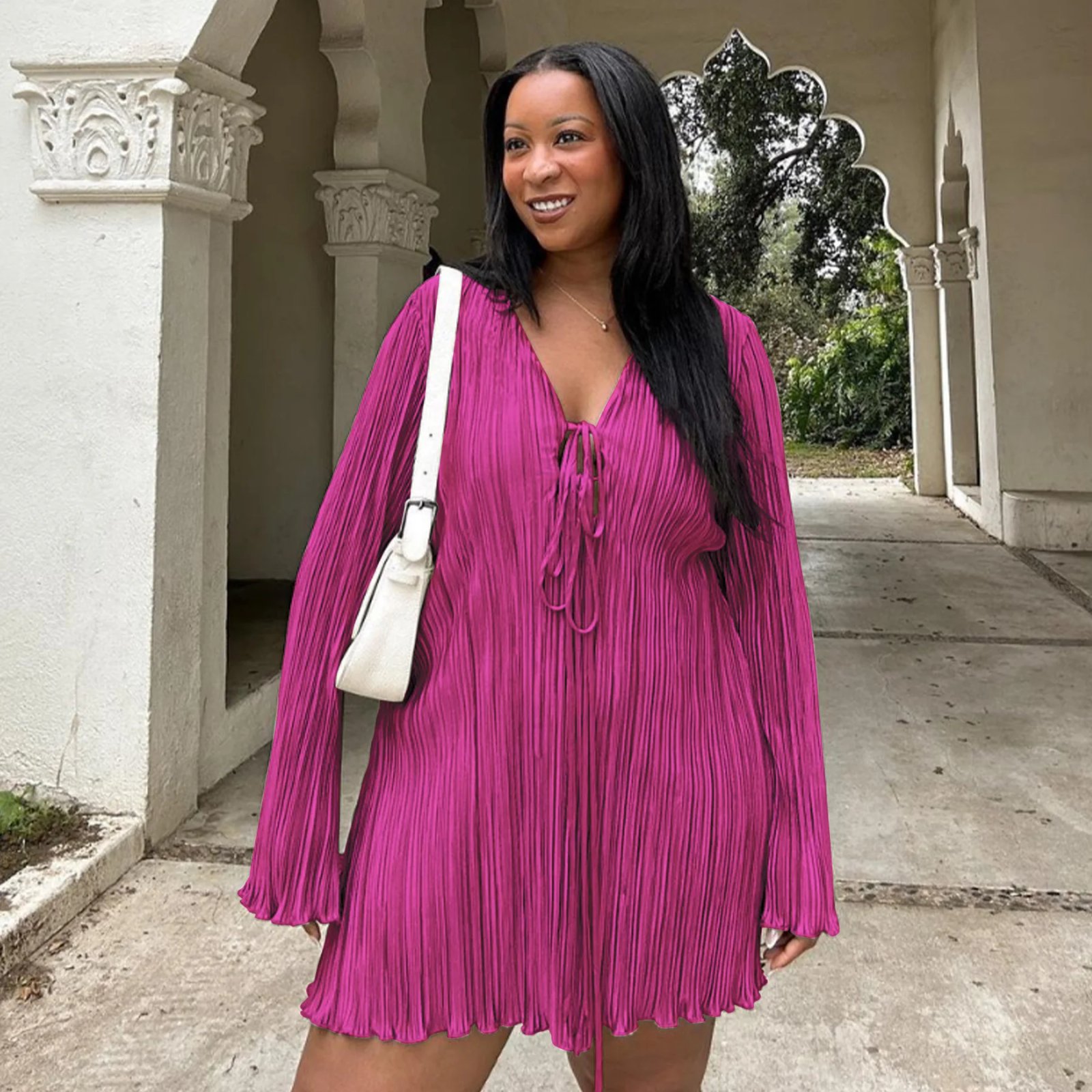 Long Sleeve Women V-neck Pleated Dress Long Sleeve Women V-neck Pleated Dress