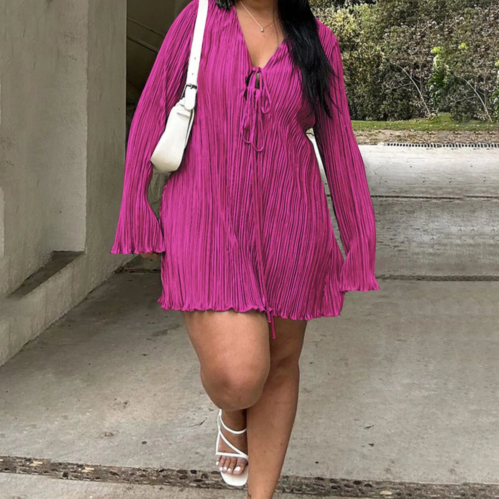 Long Sleeve Women V-neck Pleated Dress Long Sleeve Women V-neck Pleated Dress