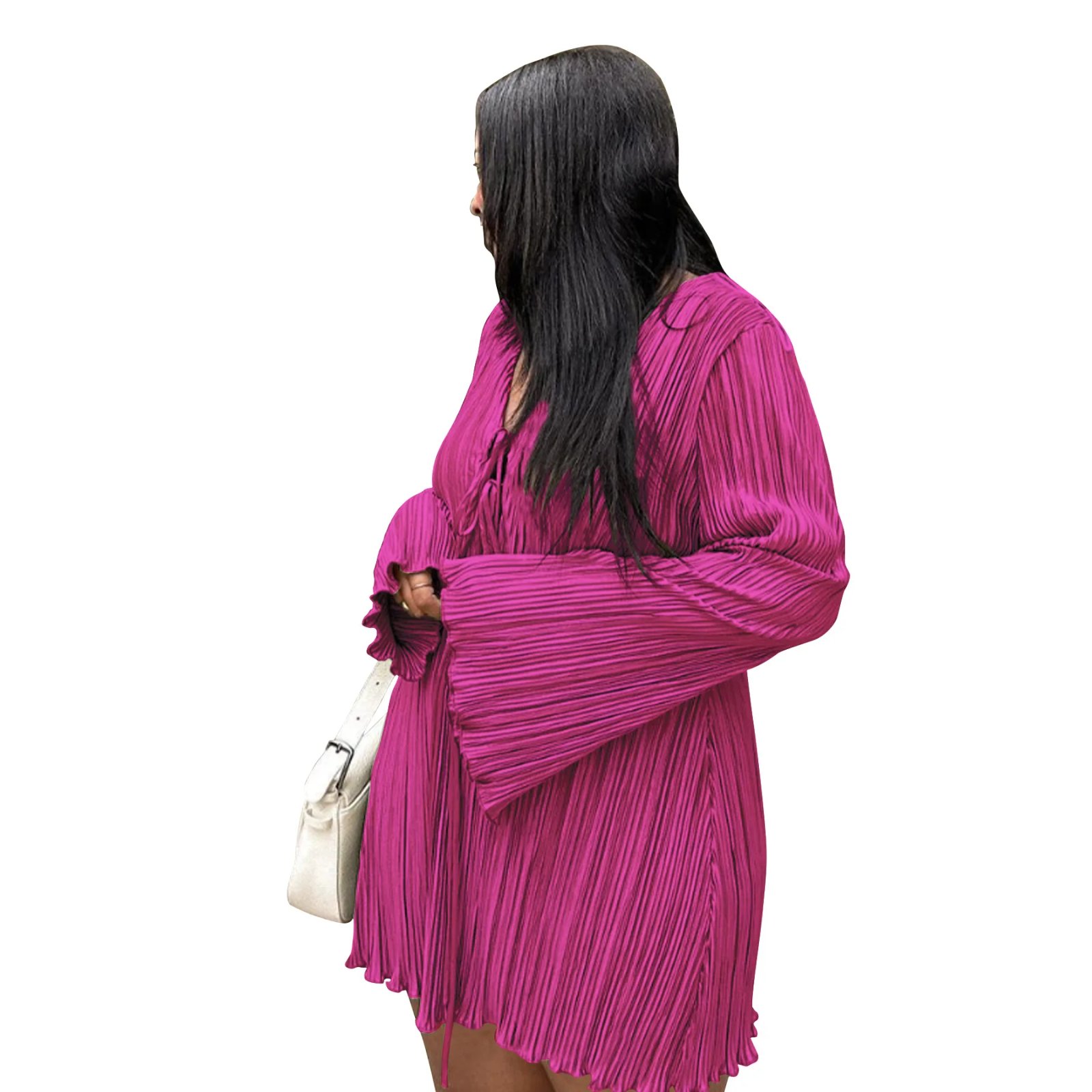 Long Sleeve Women V-neck Pleated Dress Long Sleeve Women V-neck Pleated Dress