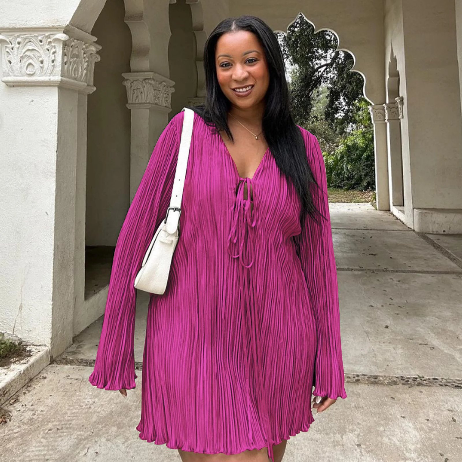 Long Sleeve Women V-neck Pleated Dress Long Sleeve Women V-neck Pleated Dress