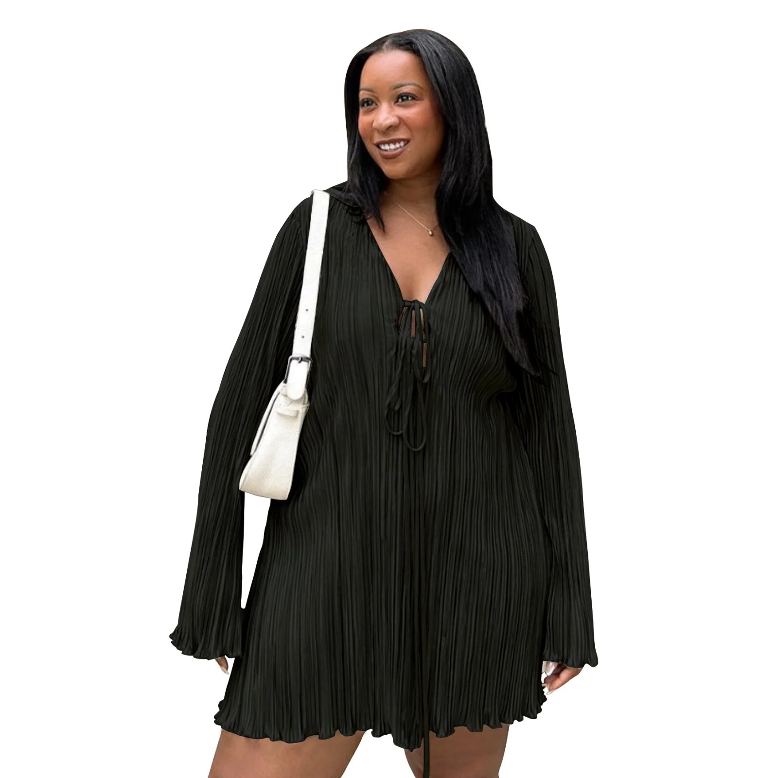 Long Sleeve Women V-neck Pleated Dress Long Sleeve Women V-neck Pleated Dress