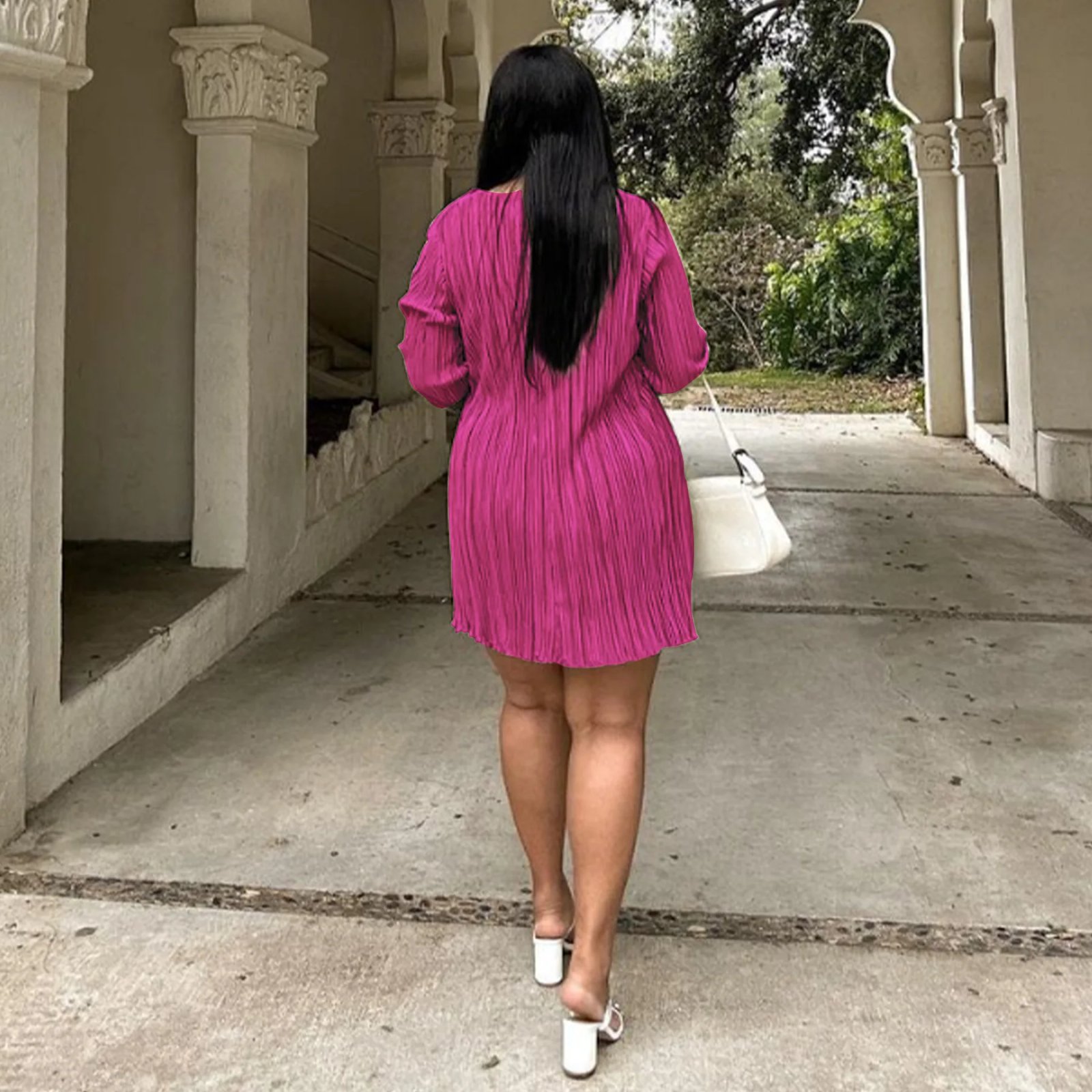 Long Sleeve Women V-neck Pleated Dress Long Sleeve Women V-neck Pleated Dress