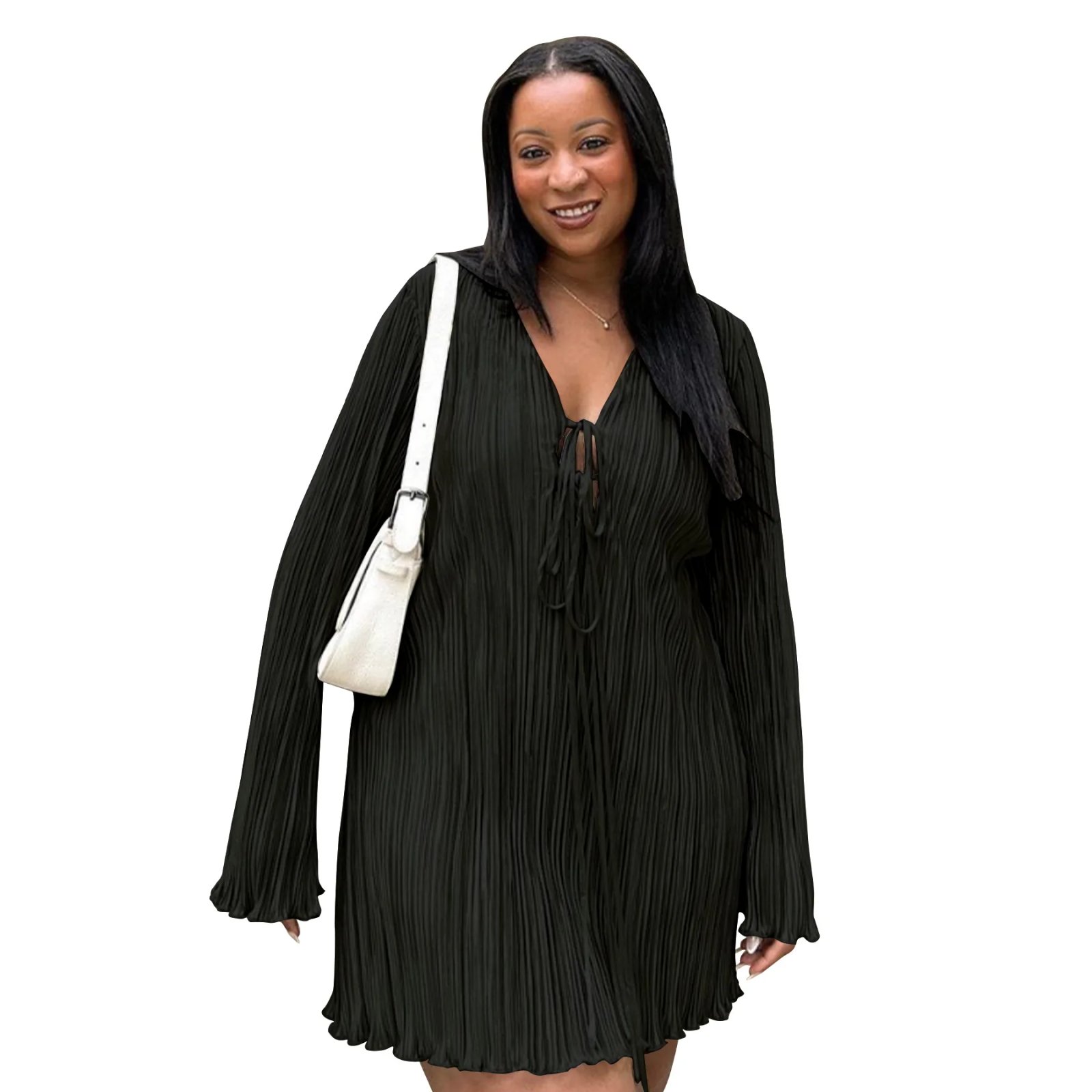 Long Sleeve Women V-neck Pleated Dress Long Sleeve Women V-neck Pleated Dress