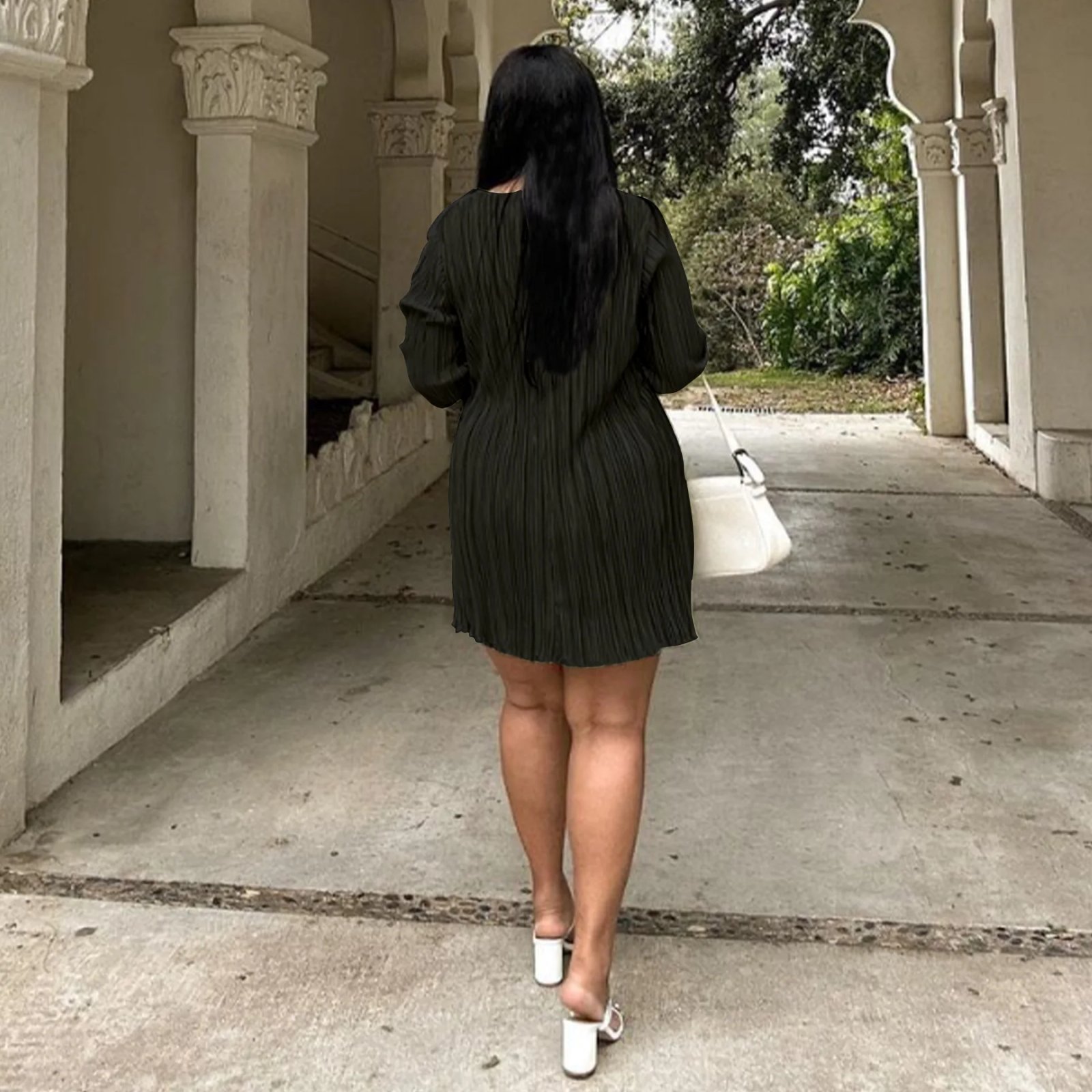 Long Sleeve Women V-neck Pleated Dress Long Sleeve Women V-neck Pleated Dress