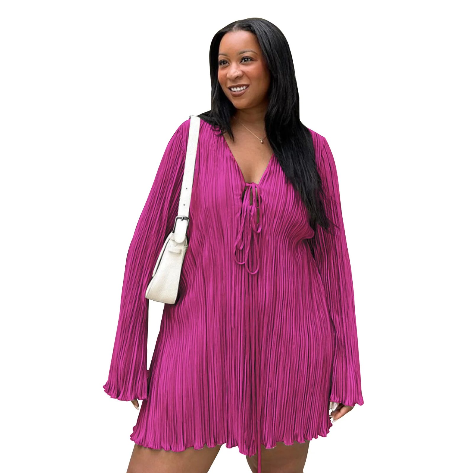 Long Sleeve Women V-neck Pleated Dress Long Sleeve Women V-neck Pleated Dress